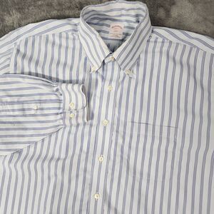 Brooks Brothers 346 Shirt Mens 18-6/7 Blue White Stripe Regular Fit Non Iron